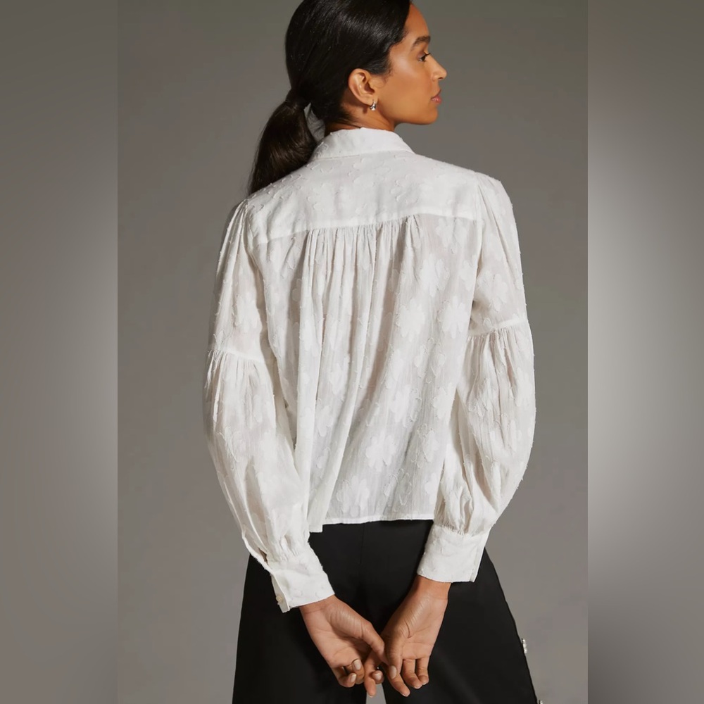 Anthropologie Forever That Girl White Textured Blouse Balloon Sleeve Top Size S
